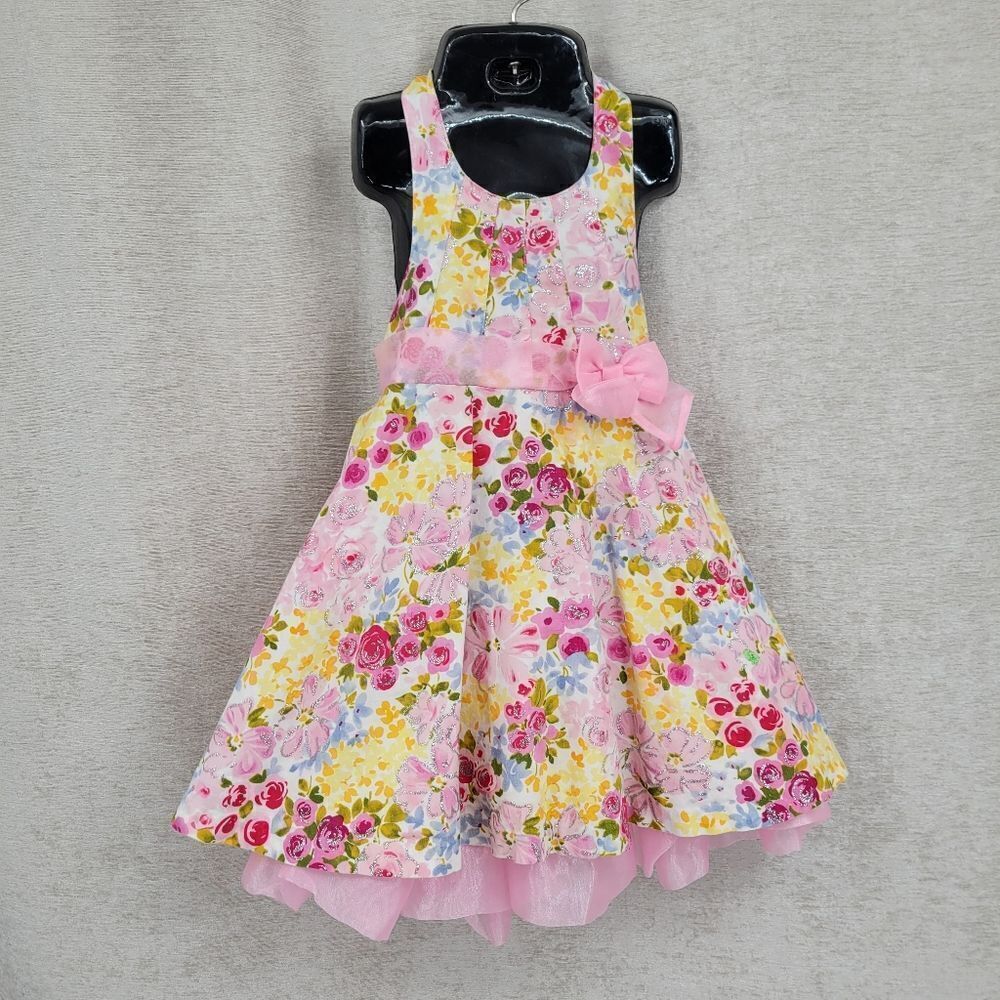 Jessica Ann Yellow and Pink Floral Sparkly Halter Dress Pink Satin Petticoat